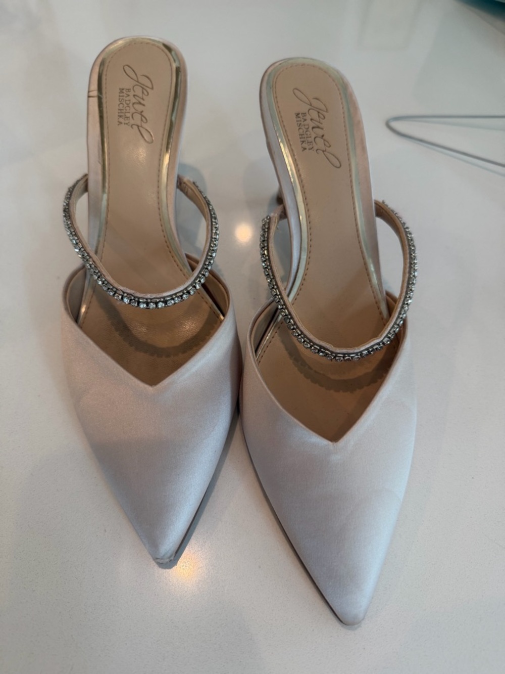 Jewel Badgley Mischka Blush Satin Pointed-Toe Crystal Strap Mules